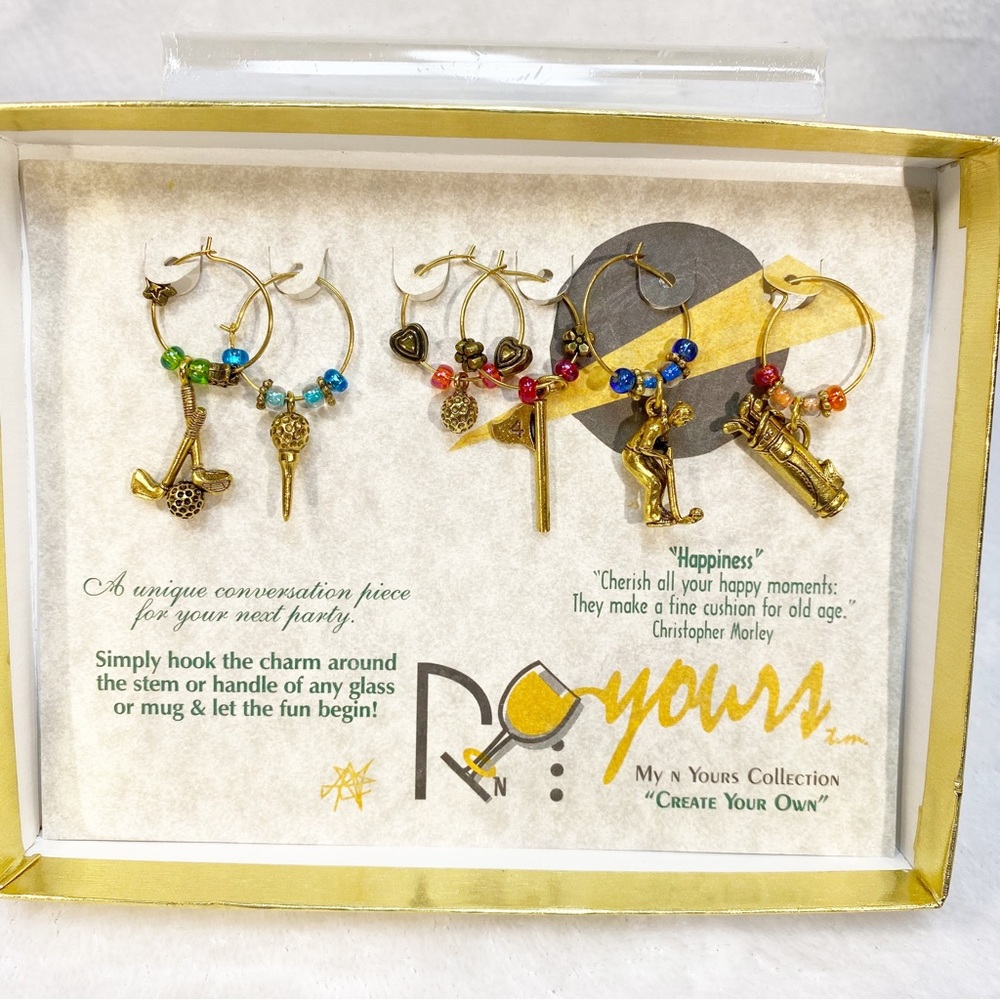 Tee Time Golf Wine Charms Markers My N Yours Collection 6 Brass Charms